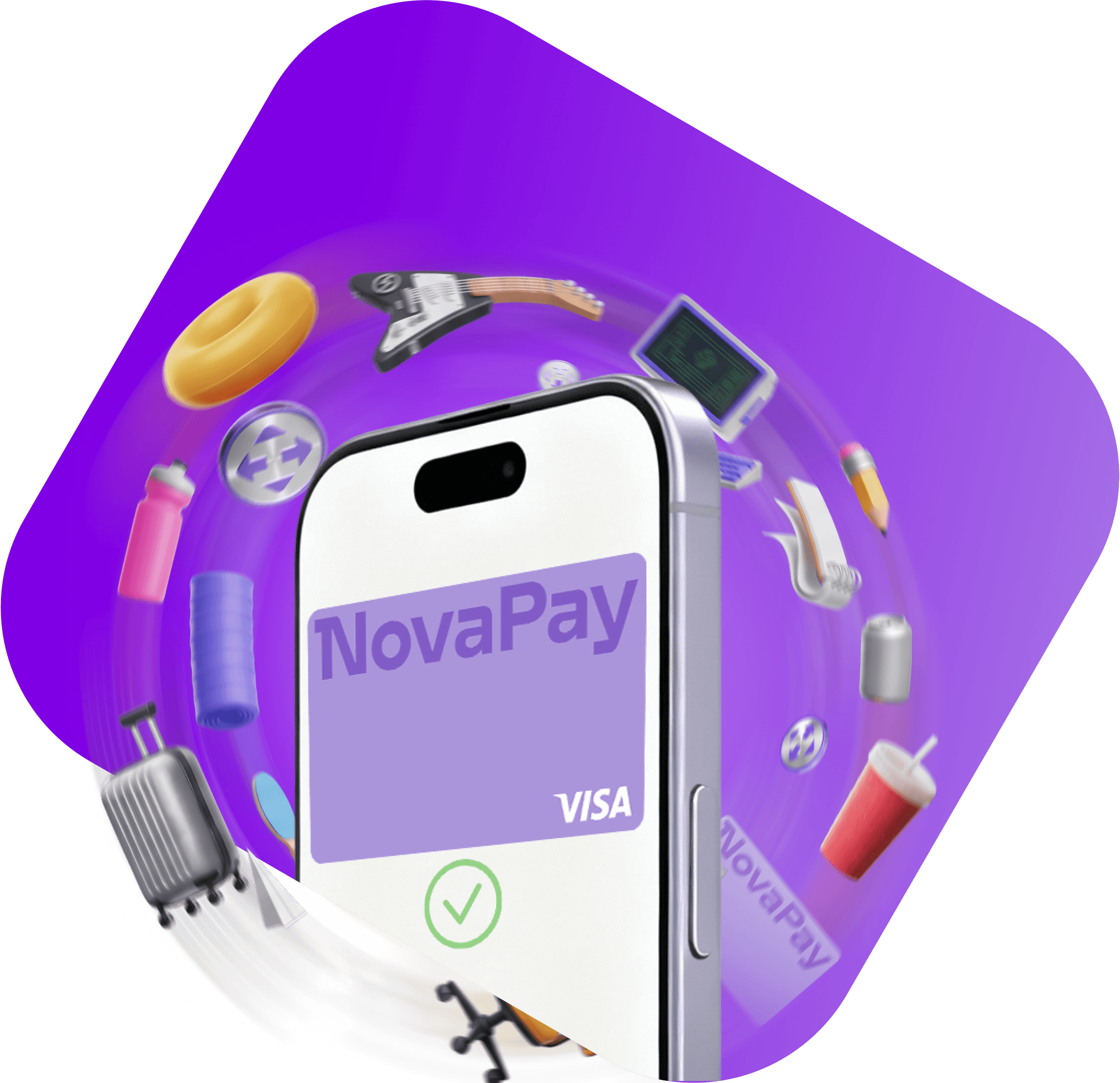 Смартфон, на екрані якого відображається картка NovaPay Visa, оточений предметами, що нібито парять у повітрі, — валізою, напоєм, гітарою та баскетбольним м’ячем — на фіолетовому тлі.