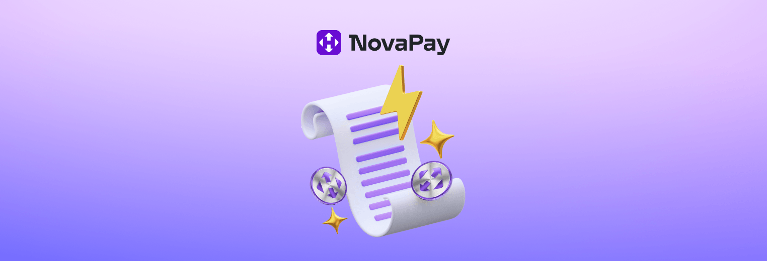 Стилізований логотип NovaPay над 3D-ілюстрацією паперового чека з фіолетовими лініями, оточений монетами, блискітками та жовтою блискавкою на фіолетовому градієнтному тлі.