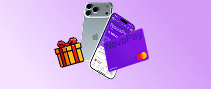 IPhone, фіолетова картка NovaPay, екран мобільного банківського додатка та загорнута подарункова коробка на фіолетовому фоні з градієнтом.